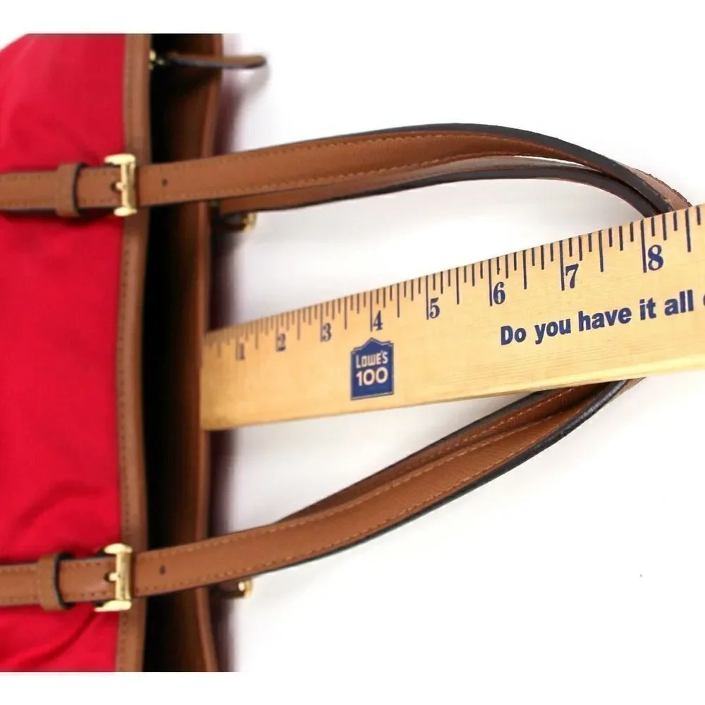 MICHAEL KORS RED NYLON CANVAS TAN BROWN GENUINE LEATHER TRIM TOTE SHOULDER BAG